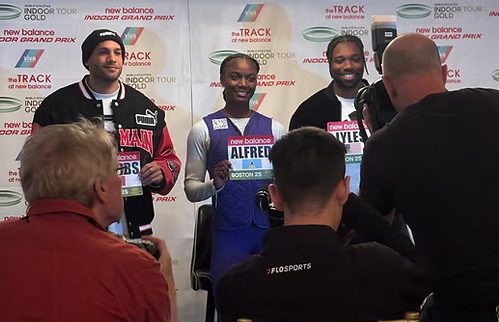 (L-R) Marcell Jacobs, Julian Alfred, and Noah Lyles pose for photos. 