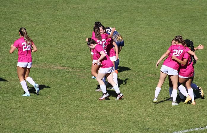 The Lasers celebrate after scoring a goal vs. Simmons on Senior Day.