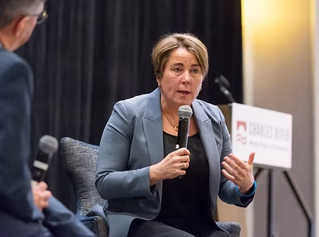Governor Maura Healey takes questions during the Charles River Chamber of Commerce event on March 31., 2025. (Photo courtesy of Leise Jones)