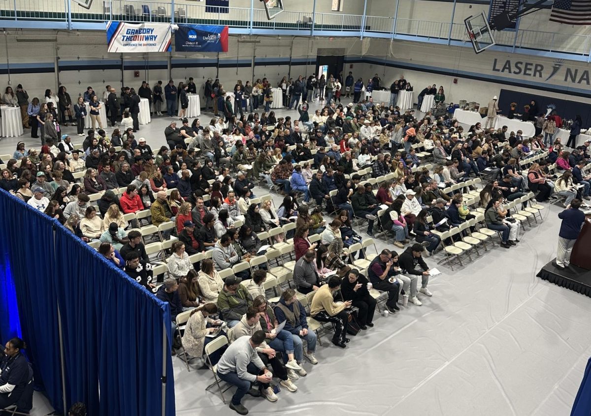 Welcoming remarks at Lasell's Fall Open House, which was held Nov. 9, 2025, in the Athletic Center. (Photo courtesy of Emily Stanley)