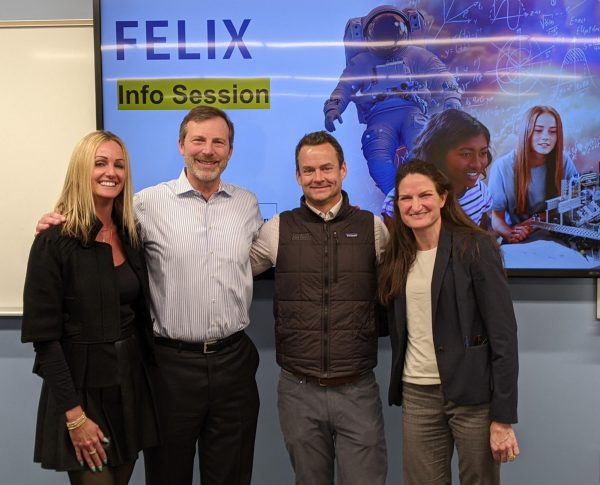 Members of the Felix School team  -- (from left) Amy McGrath, VP of Education Outreach at Arizona State; Matthew Spengler, Felix superintendent; Ross Wilson, Felix board member and executive director of Shah Family Foundation; and Michelle Cannon, Felix Operations -- after the first info session at Lasell University on Feb. 11, 2026. 