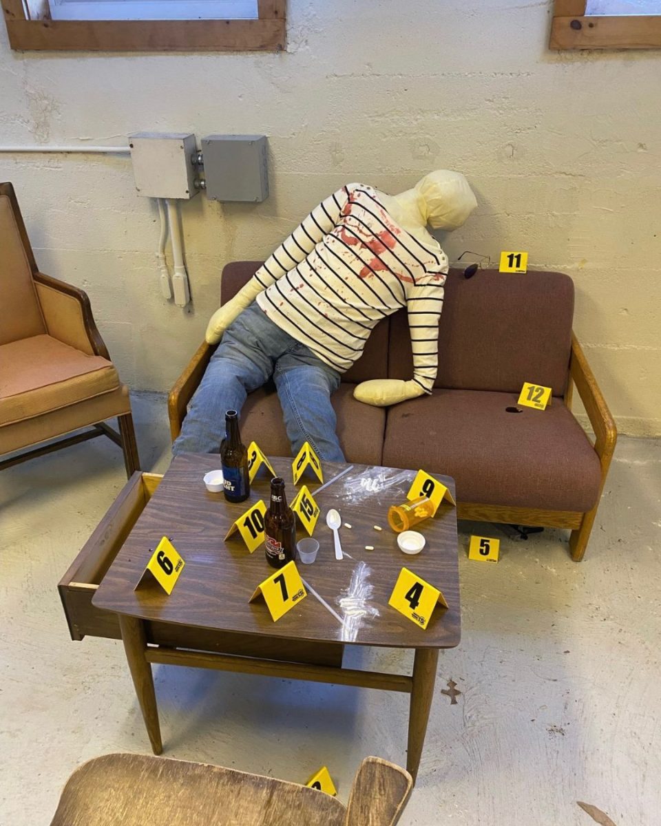 A simulated crime scene for students to examine. (Photo courtesy of Teagan Anz)