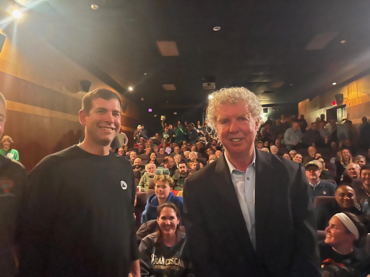 (L-R) Celtics President of Basketball Operations Brad Stevens & Boston Globe sports columnist Dan Shaughnessy at the presentation of “Hoosiers” at West Newton Cinema on March 1. (Photo courtesy of West Newton Cinema)